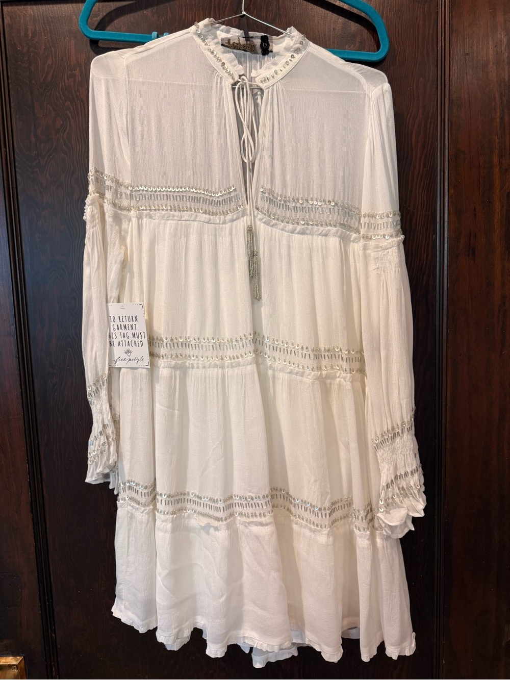 Free People Cream Boho Embellished Long Sleeve Dress